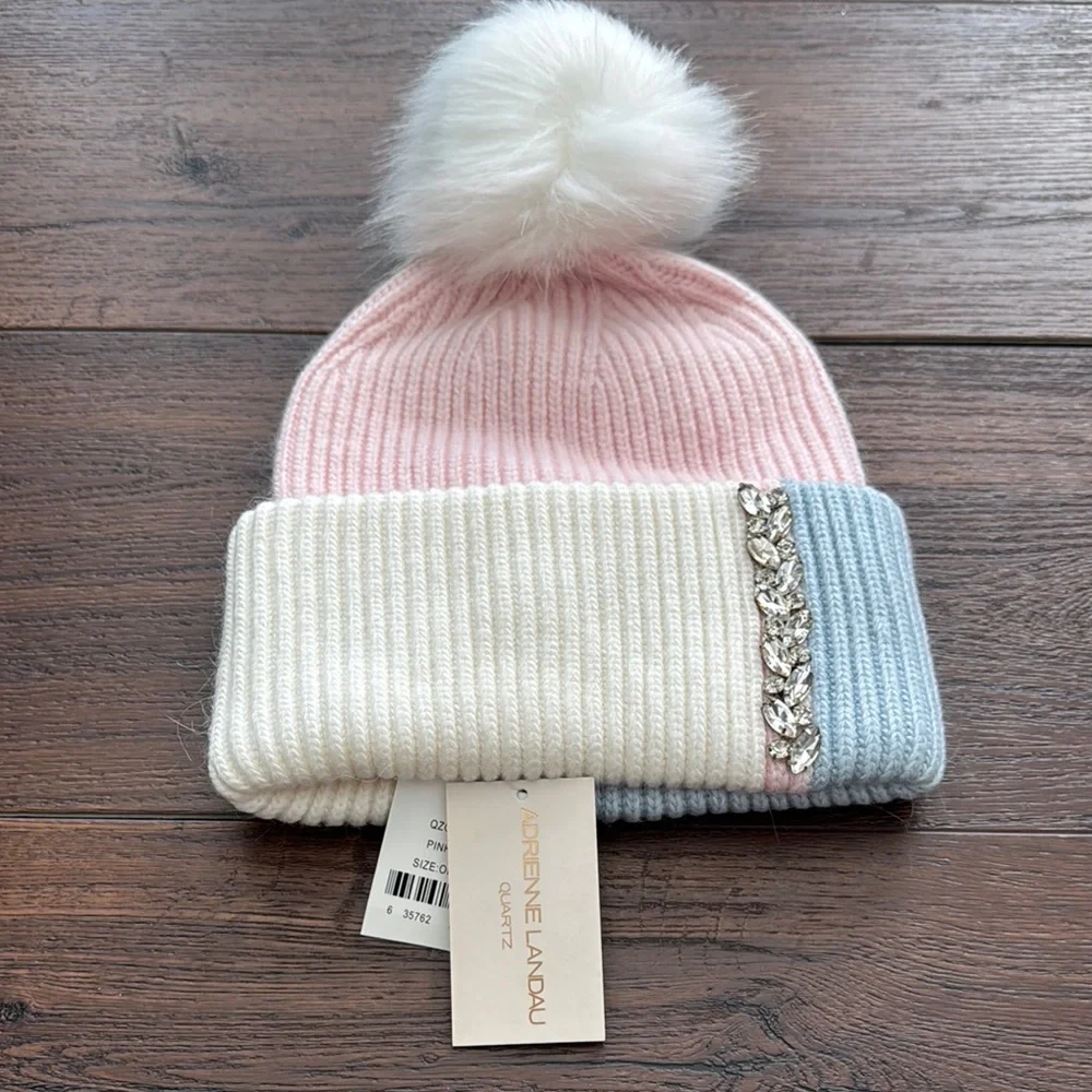 Adrienne Landau NWT Pink and Blue Combo Knitted Pom-Pom Beanie Hat